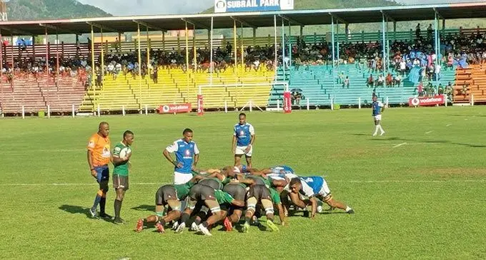 Bua halfback Sesoni Taga (with ball) awaits referee’s instruction during the scrum in the Vodafone Vanua Cup quarterfinal against Serua at Subrail Park, Labasa on June 25, 2022. Bua won 12-10 and will face Ba in the semifinals. Photo: Jiupili Ralulu