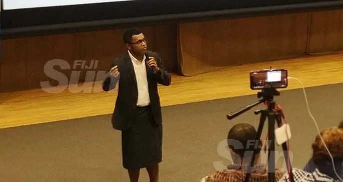 Fiji Revenue and Customs Service tax officer Esala Vukinavanua presenting on regulatory requirements and understanding the customs and tax requirements at USP Japan ICT multipurpose theatre. Photo: Laiseana Nasiga.