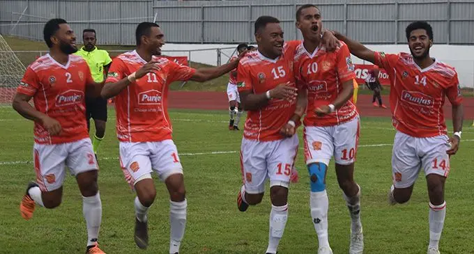 Rewa’s hero Gabirieli Matanisiga (middle) celebrates his goal with Ilisoni Logaivau (left) and Josaia Sela as they beat Bargain Box Ba 1-0 on August 28, 2022 to qualify for the semifinal of the Punjas Battle of the Giants tournament. Photo: Waisea Nasokia
