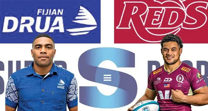 LEFT: Swire Shipping Fijian Drua centre Apisalome Vota  Right :Hunter Paisami of the Queensland Reds