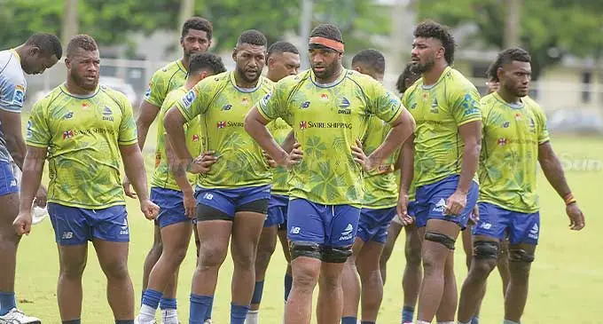 Swire Shipping Fijian Drua captain Meli Derenalagi (third from right) leads their training session at Albert Park, Suva on February 9, 2024. Photo: Ronald Kumar