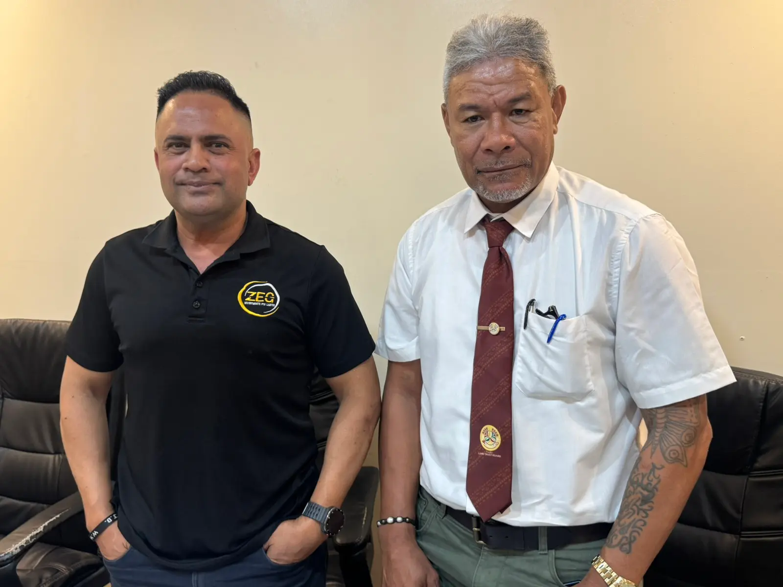 From left–right, Zeg Boxing Promoter Alfaaz Mallam and Boxing Commission of Fiji chairman Eroni Loganimoce in Suva on October 17. Photos: Tevita Wesele