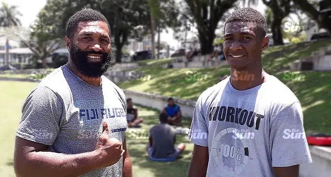 Mosese Luveitasau Senior and his 15 year old son Mosese Luveitasau Junior, at Suva’s Albert Park on October 14, 2021. Photo: Sereana Salalo. 