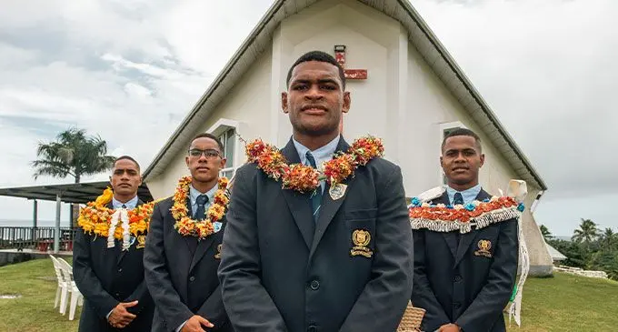 Queen Victoria School headboy Anare Tabukaucoro (middle) is flanked by his deputies (from left) Benjamin Lewaqai, David Toganivalu and Sanaila Vesikula after their prefect’s induction at Matavatucou, Tailevu, on February 11, 2024. Photo: Leon Lord