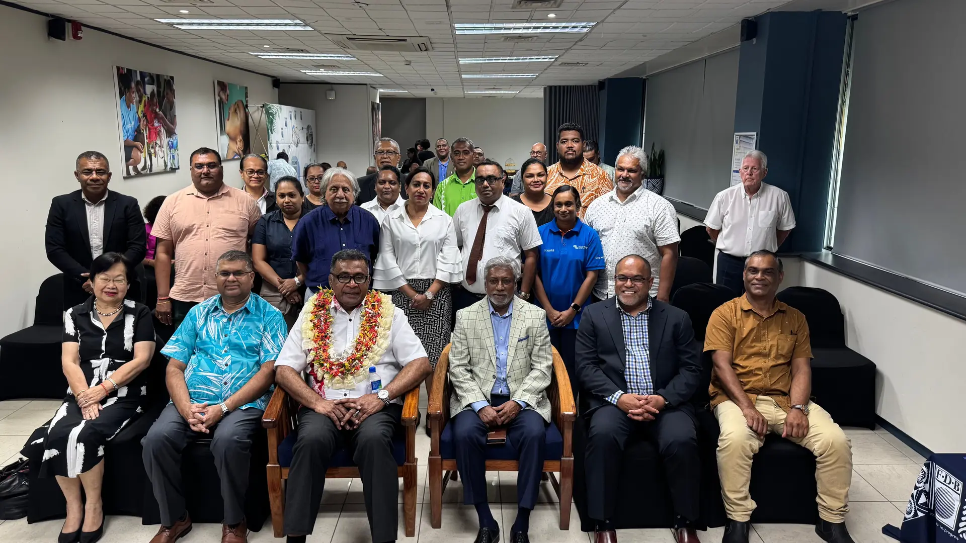 Minister for Finance, Commerce and Business Development Esrom Immanuel (third from left sitting), Fiji Development Board Chair Damend Gounder, Fiji Development Bank chief executive officer Filimone Waqabaca and Governor of the Reserve Bank of Fiji Ariff Ali, with guests and FDB staff during the launch of FDB Choice Home Loan and the Revolving Working Capital Term Loan in Suva on December 11, 2025.