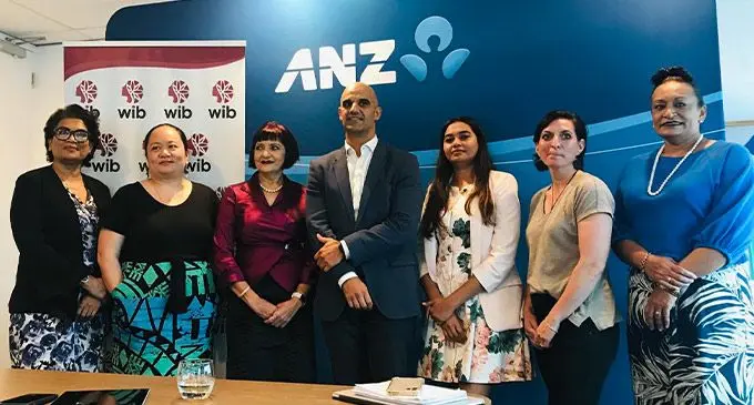 Women in Business executive director Vishala Raman, ANZ head of human resources Tracey Tuimaleali’ifano, WIB president Nur  Bano Ali, Country Head, ANZ Fiji Rabih Yezbek, Pacific ANZ acting chief financial officer Swastika Lal, head of IT Pacific Megan Tapsei, WIB Executive director Alison Southey during the announcement of ANZ’s sponsorship for the 2022 annual awards on August  31,2022. Photos: Laisa Lui