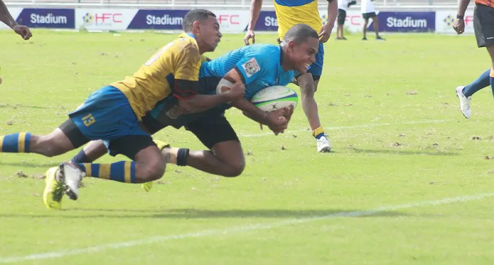 Try time for Isikeli Bari of Queen Victoria School Under-18 at the HFC Bank Stadium, Suva. Photo: FRU Media 