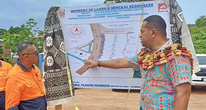 Minister for Lands and Mineral Resources Filimoni Vosarogo at Qaraniqatio in Savusavu (right) with Land Planning, Surveying and Engineering Consultants Pte Limited Fiji director Sanya Dayal during the commissioning of commercial lots in Savusavu, on October 11, 2024.
