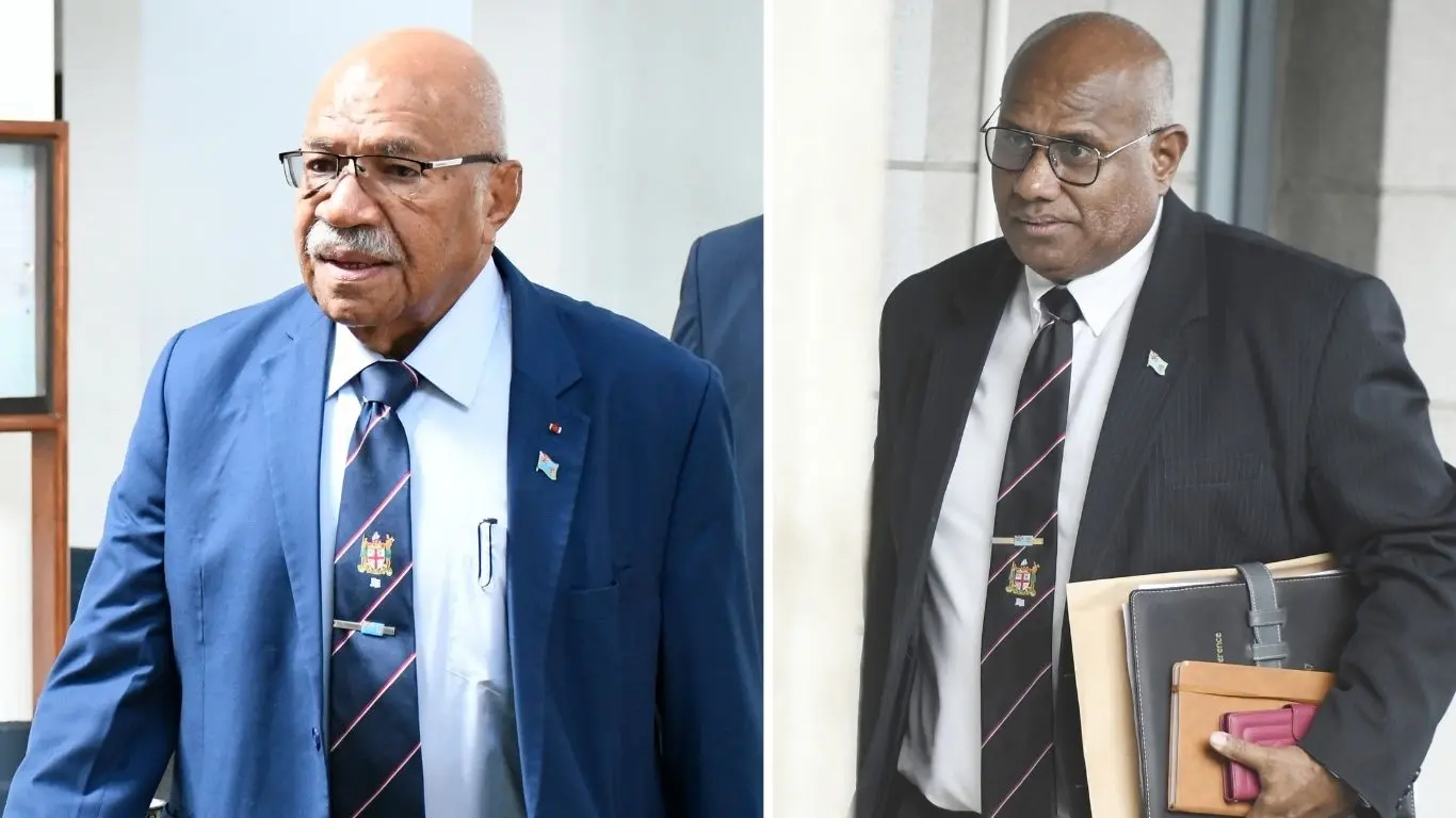 Prime Minister Sitiveni Rabuka (left) and Chief Registrar Tomasi Bainivalu.