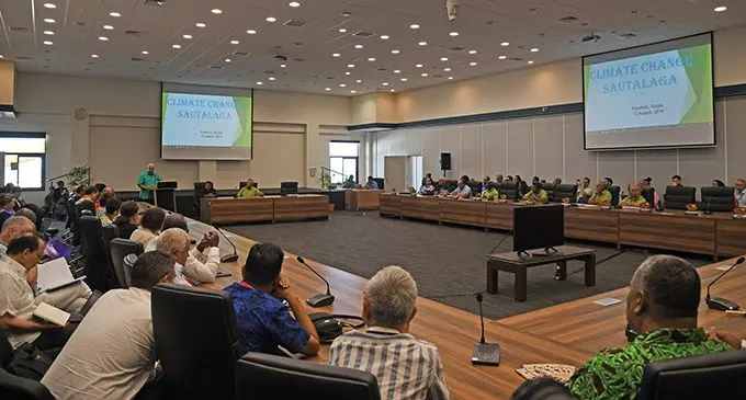 Participants at the 50th Pacific Islands Forum listening to Prime Minister Voreqe Bainimarama’s opening address during the climate change Sautalaga in Funafuti, Tuvalu on August 12, 2019.  Photo: DEPTFO News