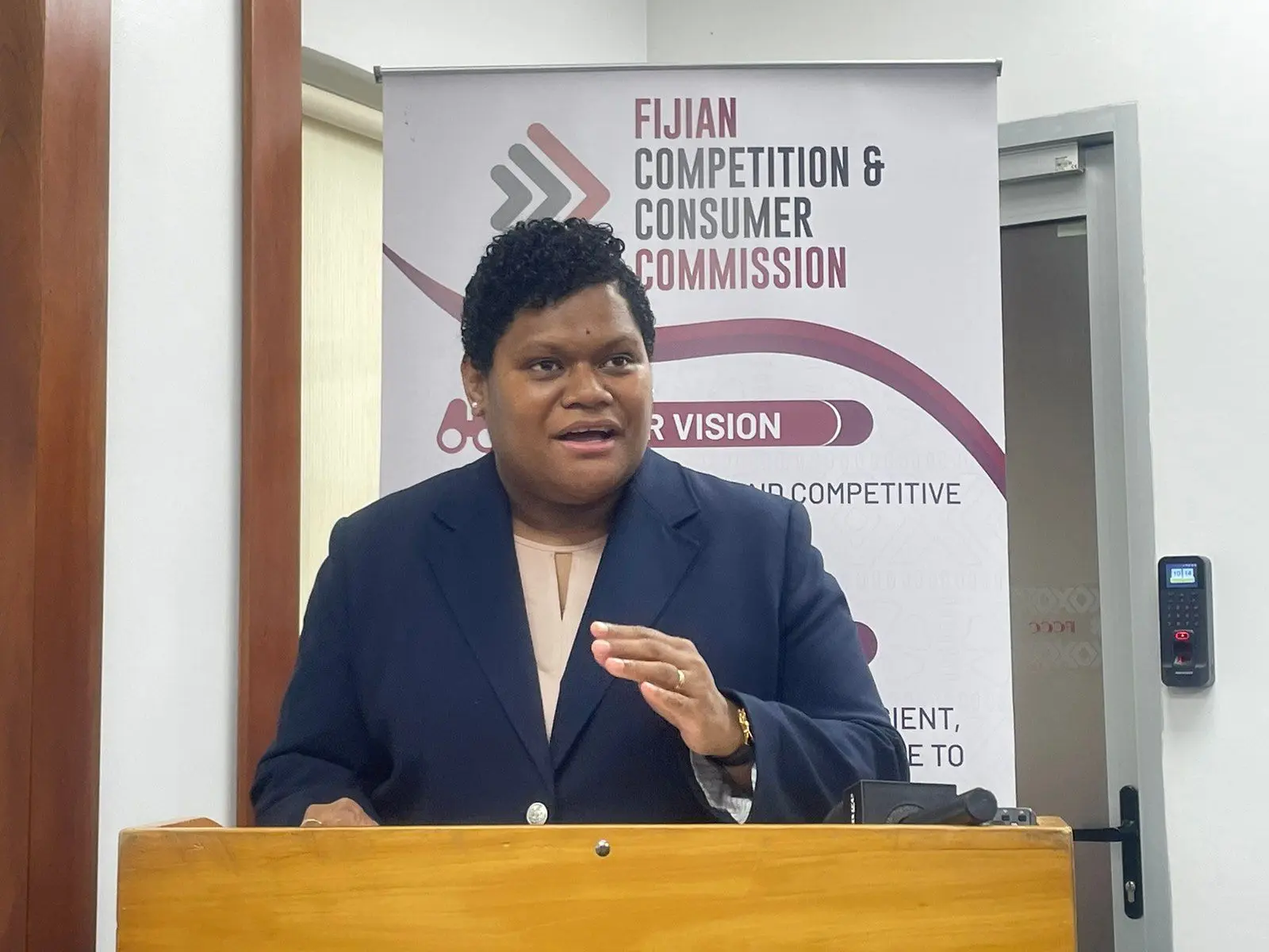 Fijian Competition and Consumer Commission chief executive officer, Senikavika Jiuta during a press conference in Suva on December 19, 2025. 