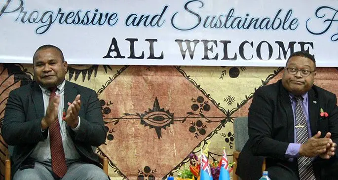 Ministry of Defence Deputy Secretary, Ilai Moceica (left), with Permanent Secretary Manasa Lesuma during the annual Fiji Day media launch on October 7, 2019. Photo:Kelera Sovasiga