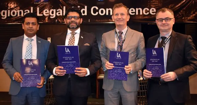 From left: The Legal Aid Commission Acting Director, Shahin Ali, the Attorney-General Aiyaz Sayed-Khaiyum, the Head of Cooperation for the European Union Delegation for the Pacific, Christoph Wagner and the Resident Representative for the United Nations Development Programme Office Levan Bouadze after launching the Legal Aid Commission Strategic Plan 2019-2021 at the InterContinental Fiji Golf Resort and Spa in Natadola on August 21, 2019. Photo: Nicolette Chambers
