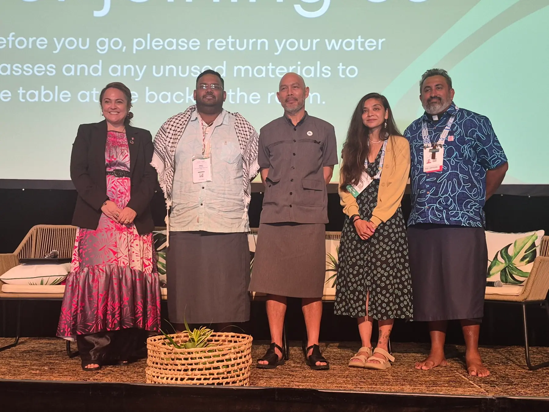 From left - Kiribati Minister for Women, Youth, Sport and Social Affairs Ruth Cross Kwansing, Pacific Islands Students Fighting Climate Change engagement outreach lead Abdul Shaheed, Pacific Community (SPC) Human Rights and Social Development director Miles Young, Pacific Islands Climate Action Network international policy lead Dr Sindra Sharma and Reverend James Bhagwan General Secretary of the Pacific Conference of Churches Secretariat.
