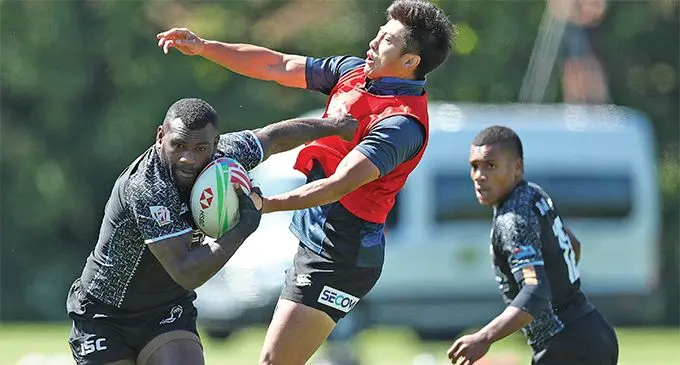 Fiji Airways Fijian 7s rep Asaeli Tuivoka (left) during a friendly match against Japan in London earlier this week. Tuivoka has been named in the 13-men squad. Photo: World Rugby