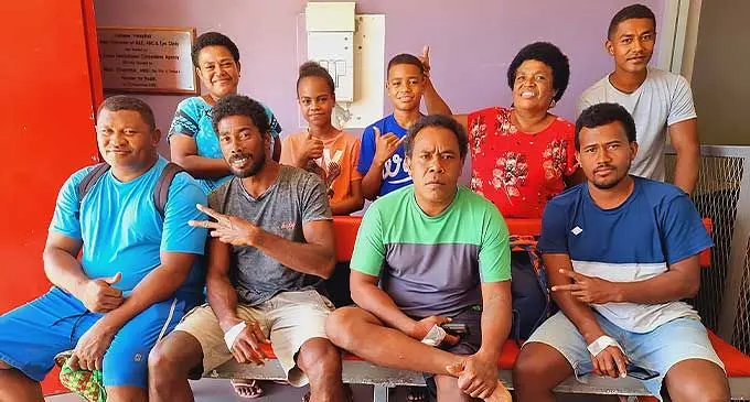 Sitting second from left: Alive and well Loqinasava Naulivesi, Tumeli Rabaro and Viliame Valecili with family members who welcomed them back at the Labasa Hospital on October 2, 2022. Photo: Sampras Anand
