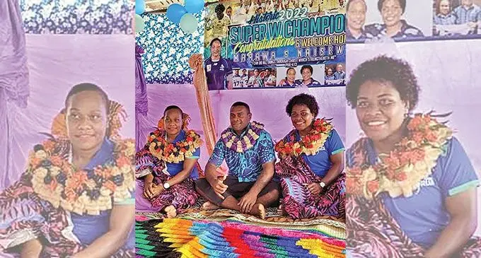 Rooster Chicken Fijiana Drua sisters Eleni Marawa (left) and Karalaini Naisewa (right) during their traditional welcome on May 9, 2022. Photo: Supplied