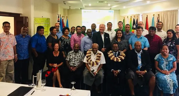 Participants with Assistant Minister for Infrastructure and Transport, Vijay Nath (seated third from right) during the opening of the Pacific Maritime Technical Officers workshop at Tanoa Plaza in Suva on February 7, 2018. Photo: Pacific Island Development Forum
