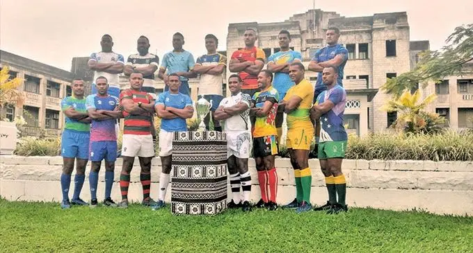 Captains of the men’s participating teams of the Super Sevens series in front of the Government Building, Suva, on November 11, 2021. Photo: Leon Lord