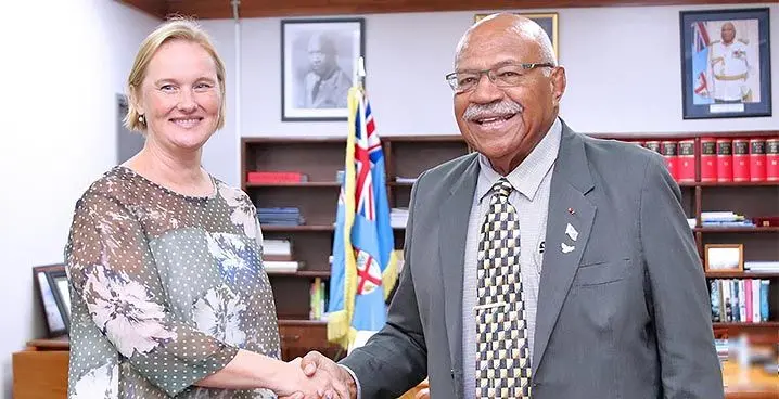 Prime Minister and Minister for Foreign Affairs, Sitiveni Rabuka  with New Zealand’s High Commissioner to Fiji, Charlotte Darlow.