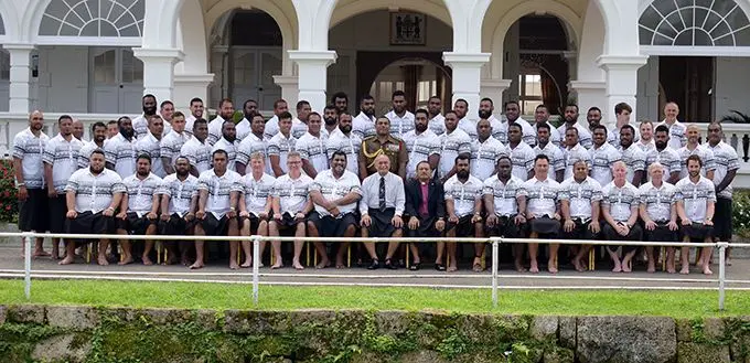 Fiji Airways Flying Fijians players and officials with the President Major General (Ret’d) Jioji Konrote at the State House, Suva on July 11, 2019.  Photo: Ronald Kumar