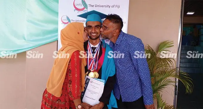 Mohammed Zameel with his parents Zerin Ikbal Shah and Mohammed Khaleeq on May 27,2022. Photo: Salote Qalubau