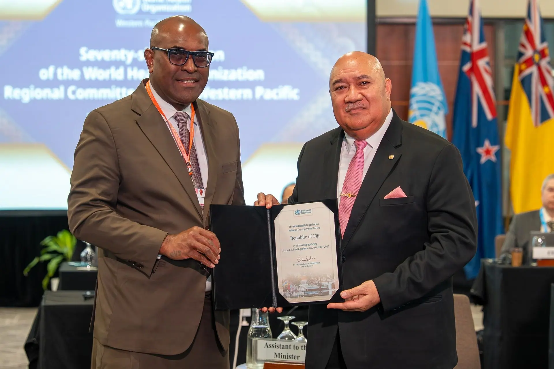 Minister of Health & Medical Services Dr Atonio Lalabalavu (left) and WHO Regional Director for the Western Pacific, Dr Saia Ma’u Piukala in Nadi on October 20, 2025. 
