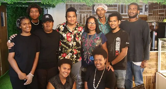Standing fourth from left :Reahan Khan the owner of The Green Graden Coffee Lounge wwith his team at Raojibhai Patel in Suva on January 18,2023.