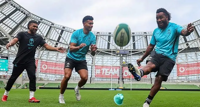 Flying Fijian reps Ben Volavola {left) and Setareki Tuicuvu at the Aviva Stadium in Dublin on November 11, 2022. Photo: Supplied