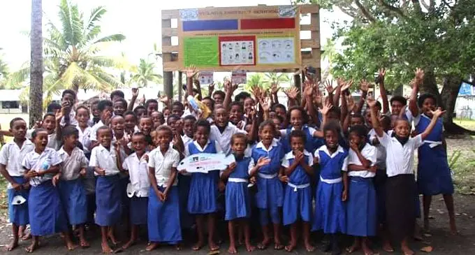 Students of Vulaga District School acknowledges the ban on kawakawa and donu fish species on March 17, 2022. Photo: Kelera Sovasiga