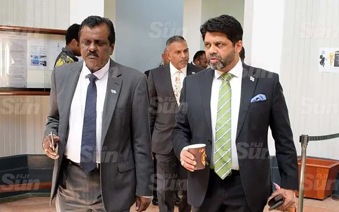 From left-Minister for Sports Praveen Bala, Government MP, Faiyaz Koya and Attorney General and Minister for Economy Aiyaz Sayed-Khaiyum outside Parliament on March 27, 2020. Photo: Ronald Kumar.