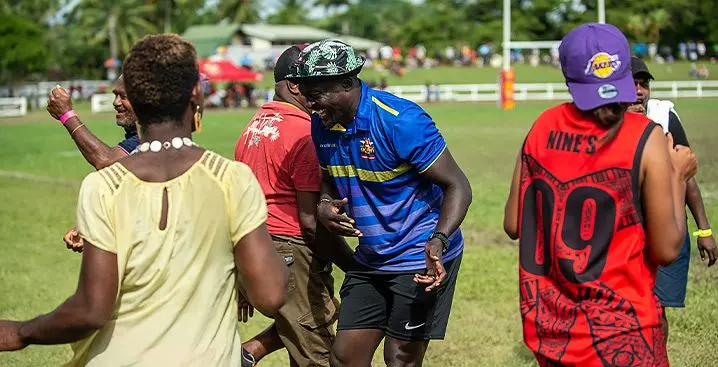 Kenya’s top try scorer Collins Injera (centre) dances with fans at the McDonald’s Fiji Coral Coast 7s at Lawaqa Park, Sigatoka on January 14, 2023. Photo: Leon Lord