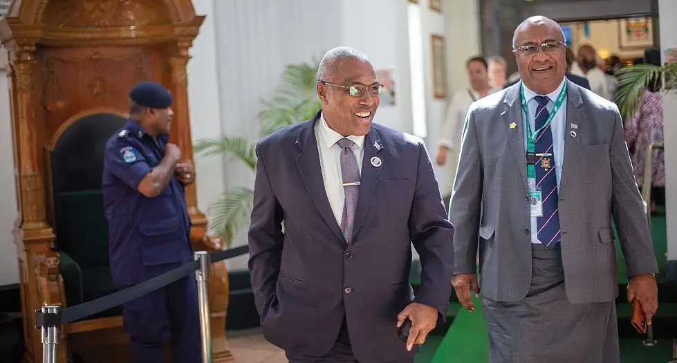 Attorney-General Siromi Turaga and Deputy Prime Minister Manca Kamikamica outside Parliament on May 24, 2024. Photo: Leon Lord 