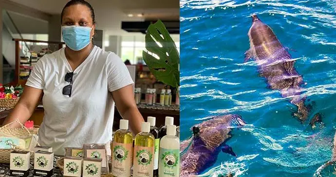 From Left-Right: Samanunu Simpson at the Kula Palms Fiji booth located at the second floor, FNPF Plaza in Suva, on September 30, 2021 (left) and Dolphins at Takalana Bay in Tailevu (right).