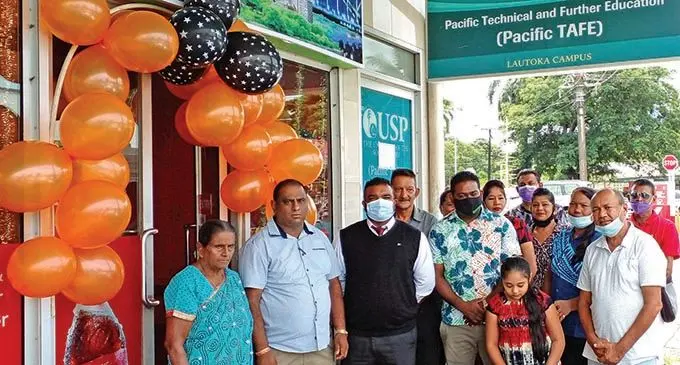 From left: Taste of Sydney director Sugra Wati and managing director Kamlesh Kumar, Salvin Nand, Mohammed Riyaz, Khan Busses Pte Limited Group chief executive officer Nasir Khan and P. Kumar Group of Companies managing director Parmod Kumar with guests and family during the opening of the restaurant along Namoli Avenue in Lautoka on December 31, 2021. Photo: Salote Qalubau