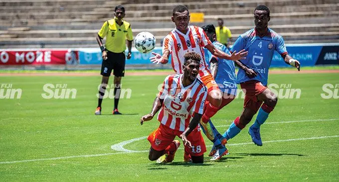 Labasa striker Siotame Kubu falls to the ground during their Digicel Premier League clash against Nasinu on February 12, 2022, Photo: Leon Lord