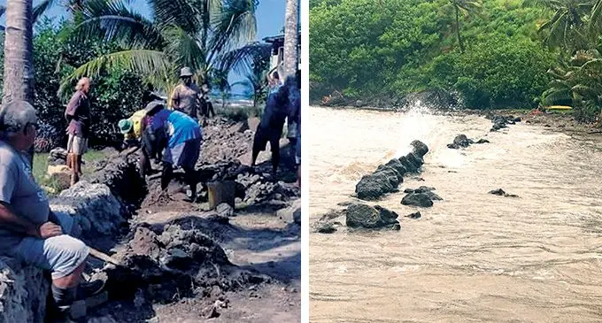Men from Natawa Village using whatever resources is available (right) and the current seawall hit by waves during high tide.