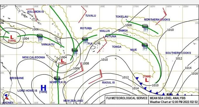 Figure 1: Mean Sea Level Analysis Map that was issued by the Fiji Meteorological Service National Weather Forecasting Centre at 12pm today, 2nd January, 2022.