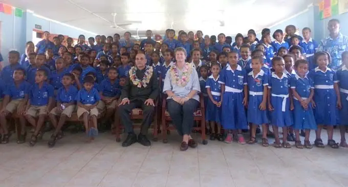 India’s Minister of State for Ministry of Human Resource Development and Ministry of Water Resources, River Development and Ganga Rejuvenation Satya Pal Singh and Permanent Secretary for Education, Heritage and Arts Alison Burchell with the students of Rabulu Sangam School in Tavua on February 23, 2018.   Photo: Karalaini Tavi