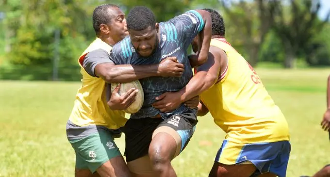 Seru Vaniqi (with ball) battles for possession during Tailevu team training at USP ground on April 7, 2021. Photo: Ronald Kumar.