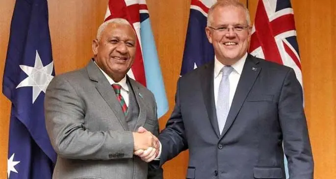 Prime Minister Josaia Voreqe Bainimarama with the Australian Prime Minister Honourable Scott Morrison at the official signing of the Fiji-Australia Vuvale Partnership in 2019.