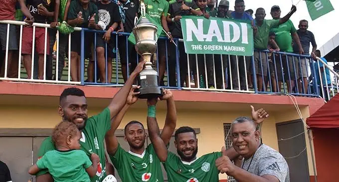 Jack’s Nadi reps from left: Rusiate Matererega, Josevata Malakai and Josua Tawake celebrate with fans after winning the 2019 Vodafone Fiji FACT at Churchill Park, Lautoka on May 12, 2019. Photo: Waisea Nasokia