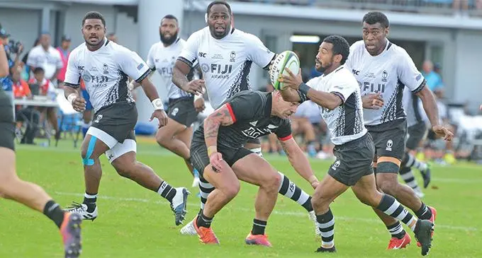 Fiji Airways Flying Fijians half-back Henry Seniloli (with ball) looks for support against the Maori All Blacks at the ANZ Stadium in Suva on July 13, 2019. In support (from left) Mesulame Dolokoto, Waisea Nayacalevu, Api Ratuniyarawa and Nemani Nagusa. Fiji won 27-10. Photo: Ronald Kumar