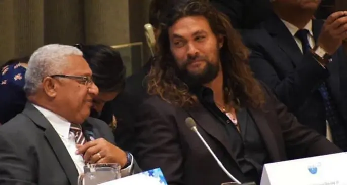 Prime Minister Voreqe Bainimarama and Jason Momoa during the high-level meeting to review progress made in addressing the priorities of Small Island Developing States (SIDS) through the implementation of the Accelerated Modalities of Action (SAMOA) Pathway in New York.. Photo: PM’s Office