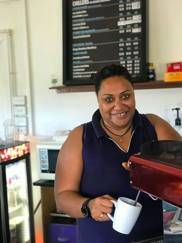 Vuli Savou at her Thurston Street-based Gloria Jean’s café, on May 31, 2022. Photo: Frederica Elbourne