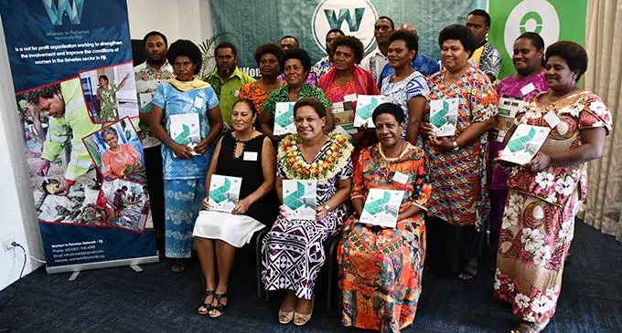 Minister for Women, Children and Poverty Alleviation Mereseini Vuniwaqa (sitting second from left) with partners and stakeholders of the Women in Fisheries Network during the launch of the Rapid Care Analysis Report in Suva yesterday.  
