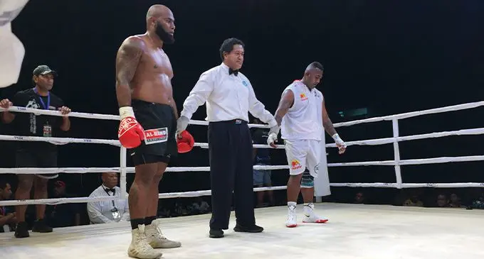 James Singh (right) wins against Semi Dauloloma in a second round knockout of their fight on July 15, 2023. Photo: Supplied