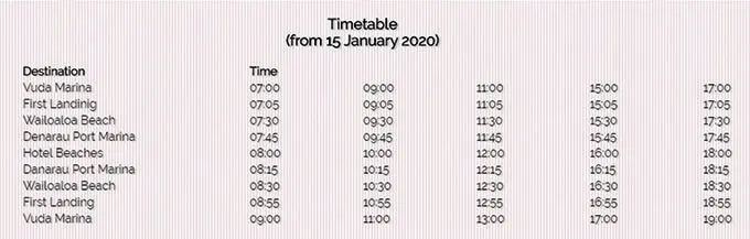 Nadi Bay Shuttle Timetable