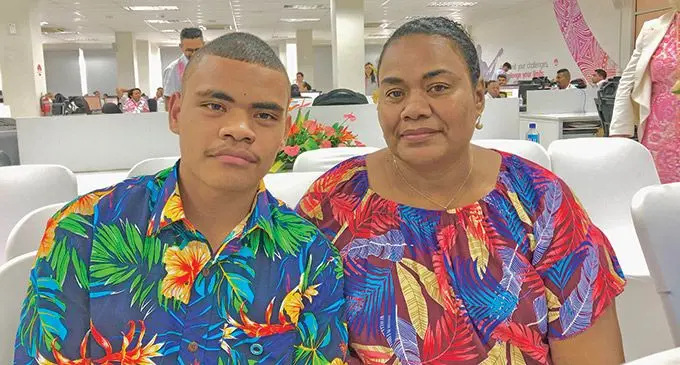 From left: Nathan Cokanauto and his mother Melania Yavala during the Digicel Fiji, Telstra Group and Diabetes Fiji Inc partnership signing at Nabua, Suva on June 22, 2023.
