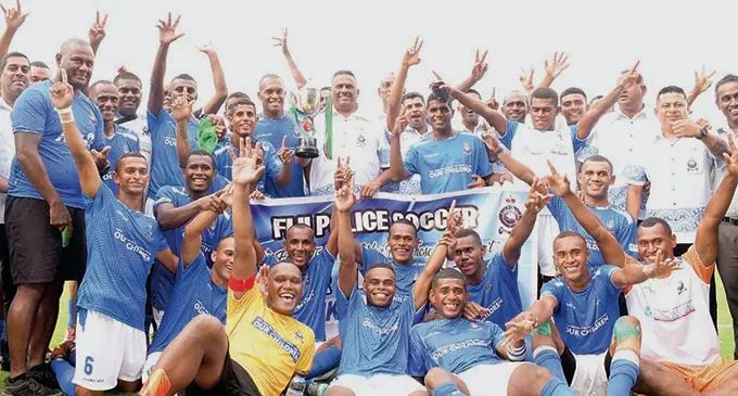 Team Police with officials and senior officers after winning the FMF Ratu Sukuna Bowl football match against RFMF at Albert  Park  on December 9, 2020. Photo: Ronald Kumar